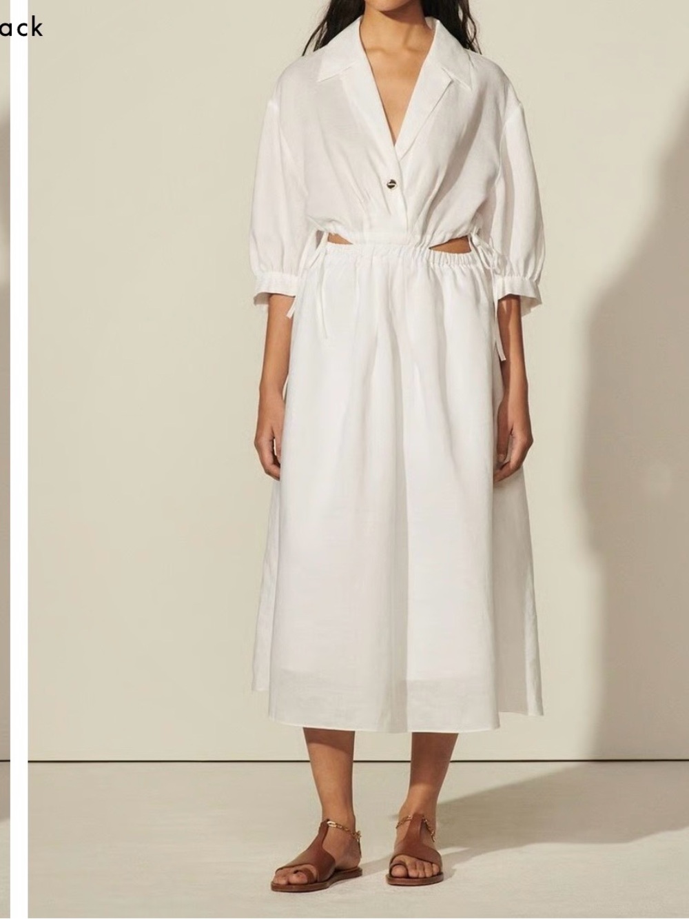Sandro Paris SFPRO01808 White Ramie Side Cut-Out Midi Dress | Puff Sleeve | 34
